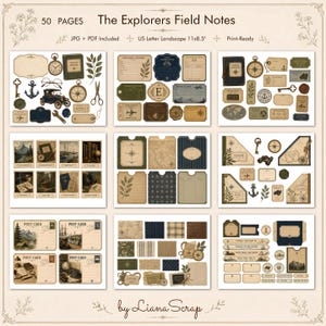 A collection of nine preview sheets for an explorer-themed junk journal kit, featuring vintage maps, botanical illustrations, antique compasses, postcards, and weathered paper ephemera in earthy tones.