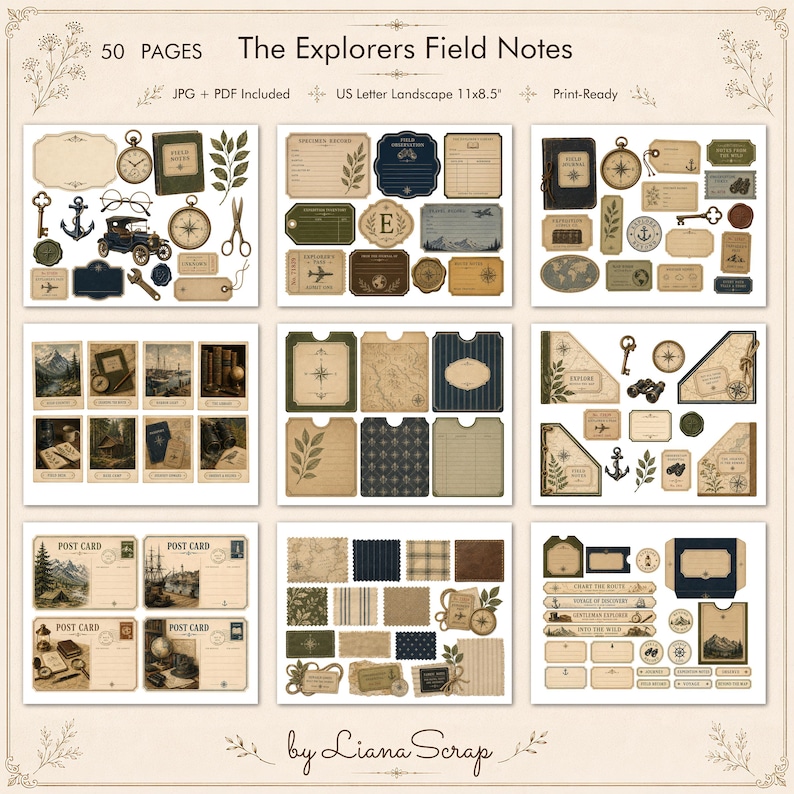 A collection of nine preview sheets for an explorer-themed junk journal kit, featuring vintage maps, botanical illustrations, antique compasses, postcards, and weathered paper ephemera in earthy tones.