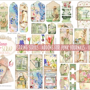 Serie primaverile - Kit digitale Spring ADDON Junk Journal stampabile, fiori primaverili e fogli di collage digitale per giardinaggio, carta Junk Journal