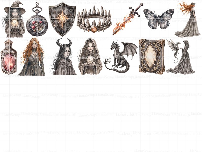 Grey Dragon Witch 72 Digital Clipart Set - PNG, Witchy Art, Dragons, Fantasy Graphics image 4