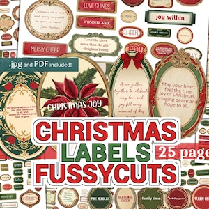 Megaset de etiquetas de Natal, 25 páginas de palavras e sentimentos de Natal, recortes de diário de lixo digital, adesivos de palavras, cortes exigentes, etiqueta vintage