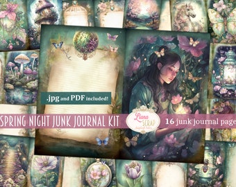 May include: A digital junk journal kit with 16 pages featuring a spring night theme. The pages include illustrations of flowers, butterflies, a girl, a unicorn, a lantern, and mushrooms. The text "Spring Night Junk Journal Kit" and ".jpg and PDF included!" is visible on the pages.