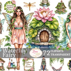 Ensemble de 72 cliparts fée nénuphar - aquarelles de fées, éléments floraux, illustrations botaniques, PNG transparents pour art numérique, agendas
