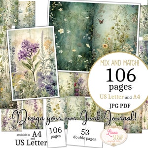 Junk Journal - Beautiful Botanicals - US Letter and A4 size, Mix and Match Pages, Botanical Vintage Pages Digital Paper PDF and JPG