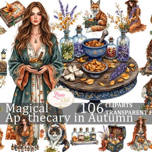 Ensemble de cliparts magique apothicaire en automne 106 art numérique PNG herbes automnales Witchcore automne planificateur autocollants fournitures de scrapbooking imprimable