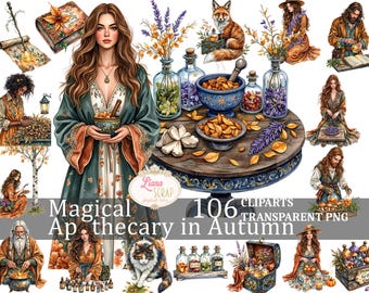 May include: Digital clipart set titled "Magical Apothecary in Autumn" featuring illustrations of women, a fox, and apothecary items. The images include a woman holding a bowl, bottles, and a wooden table with herbs.