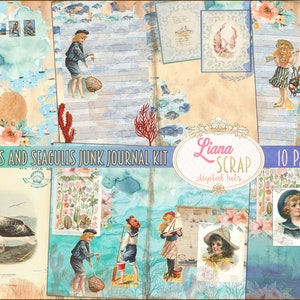 Kit de diario basura de olas y gaviotas, imprimibles digitales de océano y mar, hojas de collage de playa, papel de diario basura