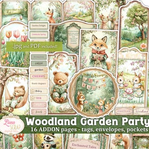 Kit aggiuntivo per il diario di scarto della festa in giardino di Woodland, fussycuts, ritagli di Enchanted Tea, effimeri animali del tea party, buste, cartellini ed etichette