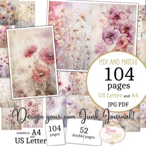Diario basura - Pétalos prensados - Tamaño carta de EE. UU. y A4, páginas de mezcla y combinación, papel digital de pétalos de flores en PDF y JPG imprimibles, botánico