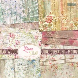 Kit digital Boho Wood Junk Journal para impressão, folhas de colagem digital de flores e madeira, papel Junk Journal