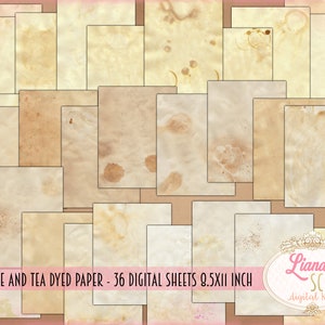 Papel tingido para chá e café, diário de lixo digital papel de 8,5 x 11 polegadas, 36 folhas, imprimíveis vintage, kit de diário de lixo, papel de diário de lixo