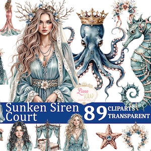 Può includere: Arte digitale con illustrazioni ad acquerello a tema sirena. Include ritratti di donne, un polpo con corona, un cavalluccio marino e altri elementi acquatici. Il testo recita "Sunken Siren Court" e "89 Cliparts Transparent PNG."
