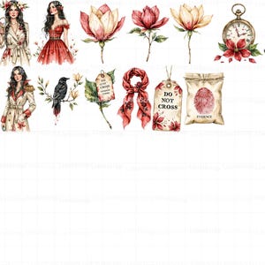 Puede incluir: Ilustraciones en acuarela de varios elementos, incluyendo un espejo con una rosa, mujeres, flores, un reloj de bolsillo, un zapato de tac&oacute;n alto, un cuervo, una bufanda y bolsas de evidencia. La paleta de colores incluye rojo, rosa y crema.
