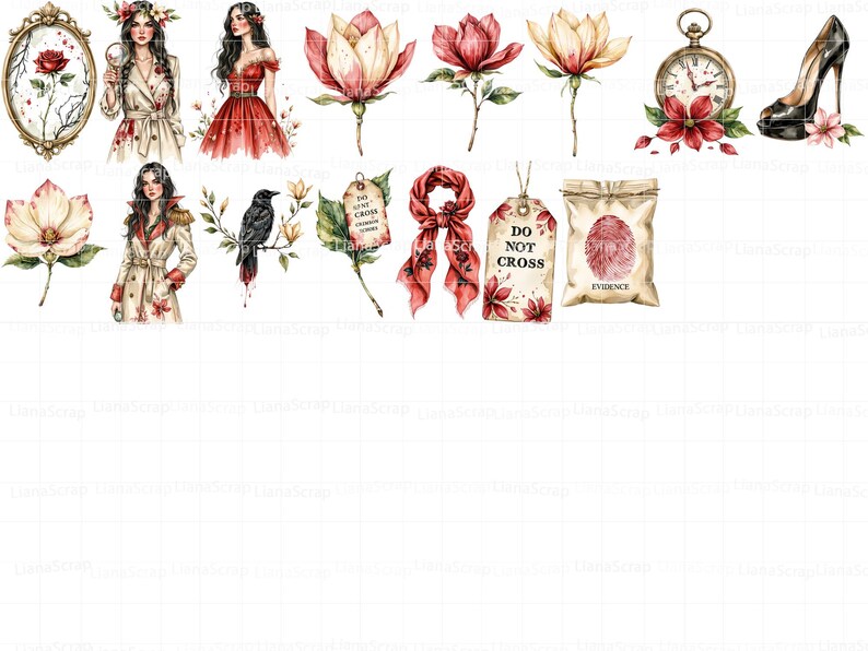 Puede incluir: Ilustraciones en acuarela de varios elementos, incluyendo un espejo con una rosa, mujeres, flores, un reloj de bolsillo, un zapato de tac&oacute;n alto, un cuervo, una bufanda y bolsas de evidencia. La paleta de colores incluye rojo, rosa y crema.