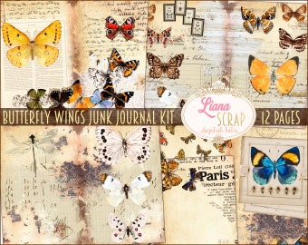 Butterfly Wings Junk Journal Digital Kit Printable, Butterflies Digital Collage Sheets, Vintage Butterflies Junk Journal, Junk Journal Paper