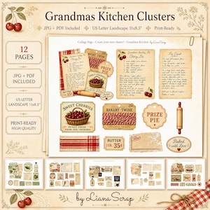 May include: A digital collage sheet titled "Grandmas Kitchen Clusters" with vintage-style graphics. The sheet includes recipe cards, labels, and illustrations of cherries, a rolling pin, and twine. The text includes "Sweet Cherries" and "Baked with Love."