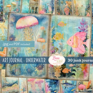 May include: A set of 30 digital junk journal pages featuring an underwater theme. The pages include images of jellyfish, fish, seahorses, and other marine life. The pages are in a vintage style with a distressed look.  .jpg and PDF included!