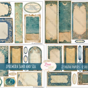 May include: A collection of 22 digital papers with an antique aesthetic, featuring a sand and sea theme. The papers include various shapes and sizes, with ornate blue and gold frames, decorative borders, and distressed textures. The papers measure 8.5 x 11 inches.