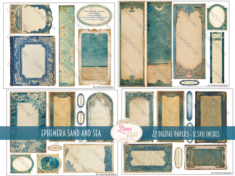 May include: A collection of 22 digital papers with an antique aesthetic, featuring a sand and sea theme. The papers include various shapes and sizes, with ornate blue and gold frames, decorative borders, and distressed textures. The papers measure 8.5 x 11 inches.