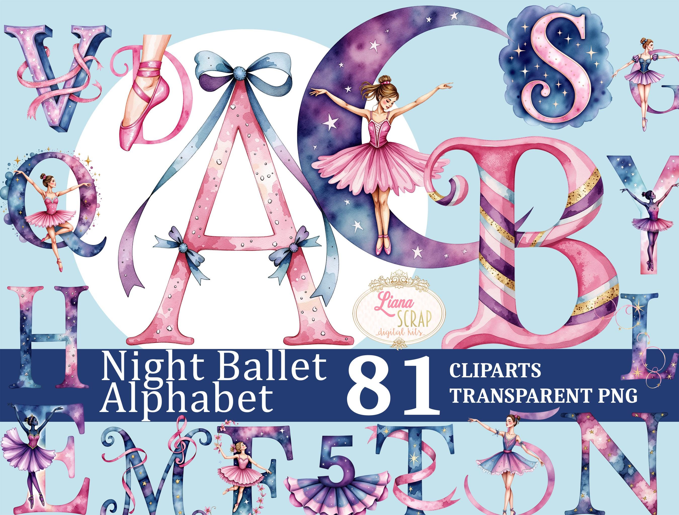 Night Ballet Alphabet 81 Watercolor Clipart Set, Ballerina Letters, Numbers, Transparent PNG, Digital Planners, Scrapbooking
