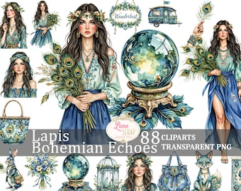 May include: A watercolour clipart set with a bohemian theme. The set includes illustrations of women, peacock feathers, a crystal ball, a handbag, a fox, and a rabbit. The colour palette includes shades of blue, green, and gold. Text on the image reads "Lapis Bohemian Echoes 88 Cliparts Transparent PNG."