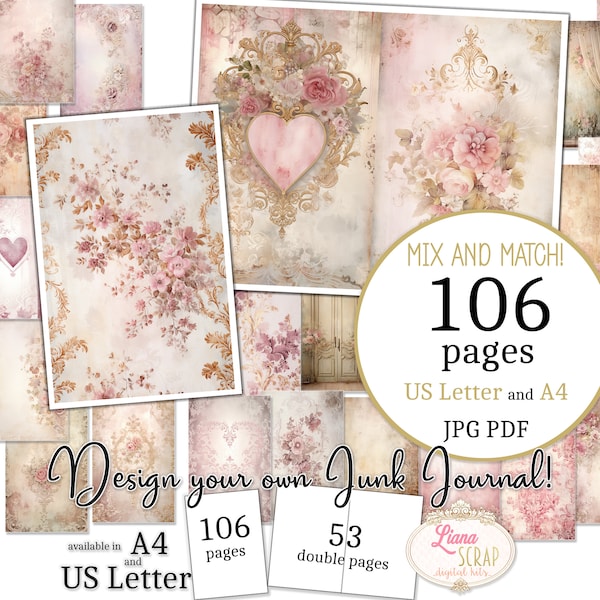 Junk Journal - Grunge Hearts - US Letter and A4 size, Mix and Match Pages, Shabby Chic Pink Wallpapers Digital Paper PDF and JPG