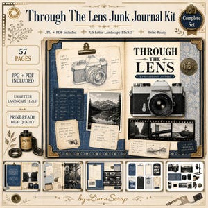 Puede incluir: Un kit de diario creativo digital titulado Through The Lens que incluye 57 páginas en formatos JPG y PDF. El kit contiene ilustraciones de cámaras antiguas, tiras de película, guías de exposición y elementos de temática fotográfica.