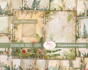 May include: 16 digital paper pages with a vintage aesthetic featuring fern illustrations and a light brown background. The text "JOURNALING PAGES - FERNS" and "16 junk journal pages" is included in the image.