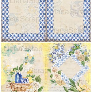 May include: A digital collage sheet with a Mediterranean theme. The sheet features a yellow background with blue and white tile patterns, lemons, flowers, and text. The text includes "Les Modes" and "Arts D&eacute;coratifs appliqu&eacute;s &agrave; la Femme". The sheet is titled "Mediterranean Journey Junk Journal Kit and Addons".