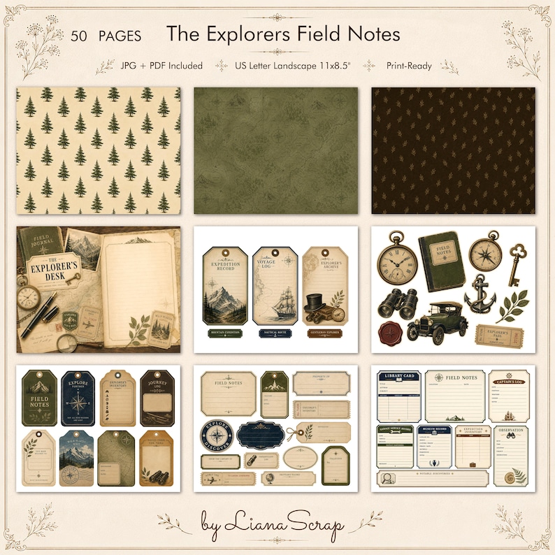 A collage of vintage adventure-themed printable elements including patterned papers, expedition tags, decorative ephemera like compasses and binoculars, and various journaling cards in earthy tones of green, brown, and cream.