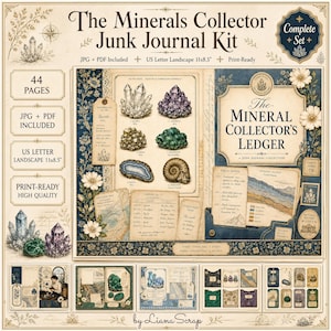 Op de afbeelding: De Minerals Collector Junk Journal Kit bevat 44 pagina's in US Letter landschapsformaat 11x8,5 inch. De set bevat vintage illustraties van kristallen, mineralen, geologische kaarten, grootboekpagina's en veldnotities met bloemrijke randen.