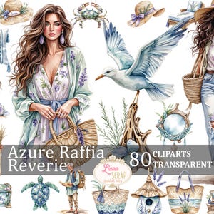 Set di 80 clipart "Azure Raffia Reverie" - Grafica estiva costiera, adesivi per planner digitali da spiaggia, PNG trasparenti, vita marina ad acquerello