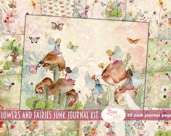 Fairy Junk Journal Kit, bloemencollage, bloemen, champignons (digitale download)