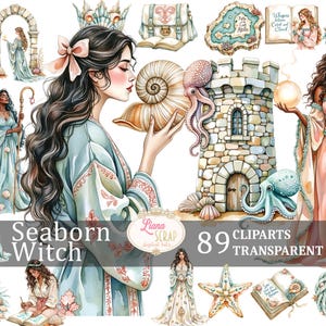 Seaborn Witch 89 Clipart Set - aquarelles Witchcore Graphics pour agendas, art numérique, scrapbooking, invitations - Images PNG transparentes