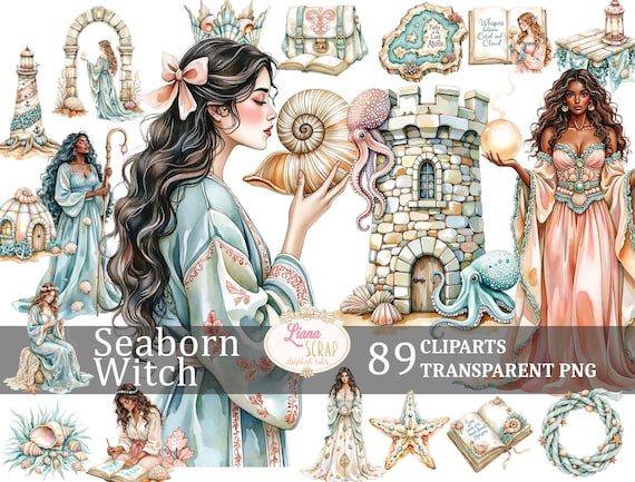 Watercolor Seaborn Witch Clipart Set – Witchcore PNG Graphics (89 Images)