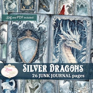 Silberne Drachen Junk Journal Kit, Fantasy Collage Printables, Winter Drache Junk Journal Papier, Gefrorene und Frost Welt