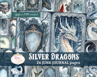 Silver Dragons Junk Journal Kit, Fantasy Collage (PDF)