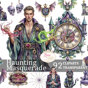 92 immagini clipart di "Haunting Masquerade" - PNG trasparenti, arte digitale gotica, adesivi per planner, personaggi fantasy, stregoneria, vampiro