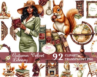 May include: Digital art featuring a woman in a green dress and hat reading a book, a squirrel with an apple, and a globe. The words "Autumn Velvet Library" and "92 Cliparts Transparent PNG" are displayed.
