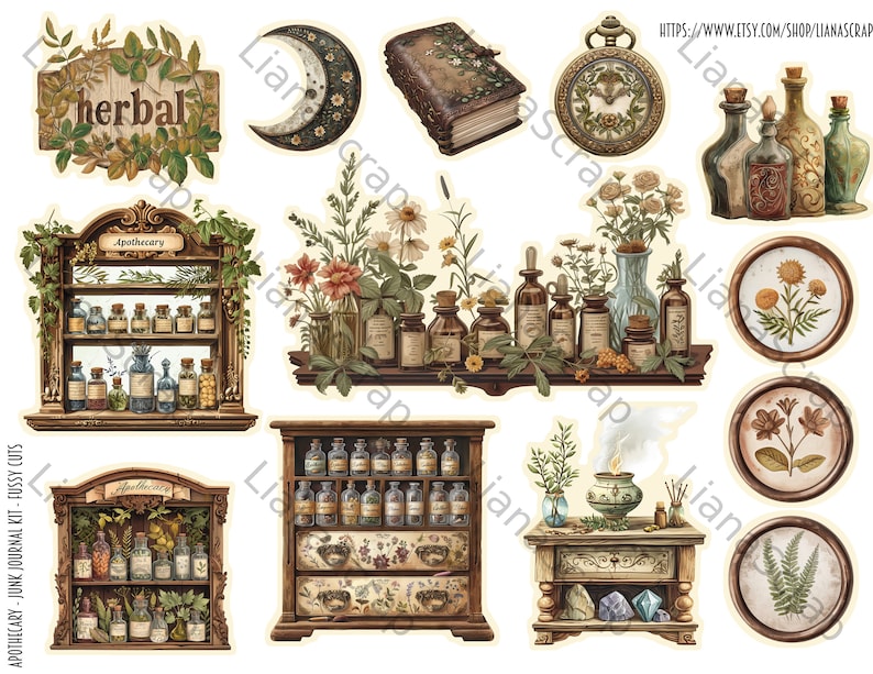 Junk Journal, Apotheker Fussy Schnitte druckbar, digitaler Download, Apotheke Bilder, Ephemera Aufkleber, Verzierungen für Junk Journals Bild 4