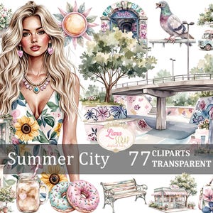 Set di clipart digitali Summer City 77 PNG trasparenti, illustrazioni estive, moda, paesaggio urbano, elementi di design per scrapbooking, adesivi per planner