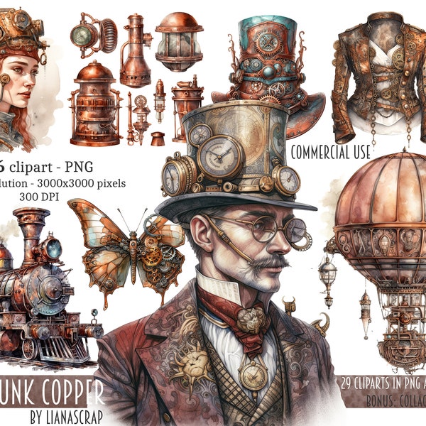 Steampunk Copper Clipart PNG Set, 36 steampunk clipart, commercial use clip art, steampunk watercolor art, PNG steampunk theme illustrations