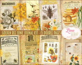 Golden Bee Junk Journal Digital Kit Printable, Honey and beekeeping Digital Collage Sheets, Junk Journal Paper