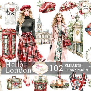 Hallo London 102 digitale Clipart, London PNG, Aquarell Illustrationen, Großbritannien Reise, Mode, Blumenmuster, Planer Aufkleber