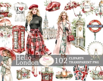London Watercolor Clipart, UK Travel, Floral Designs (PNG, 102pc)