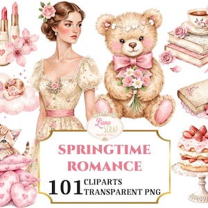 Könnte beinhalten: Aquarell-Digital-Cliparts mit einer Frau, einem Teddybären, einem Kätzchen, einem Kuchen, Büchern und Kosmetika. Das Bild enthält den Text "Springtime Romance" und "101 Cliparts Transparent PNG". Die Farbpalette ist zartrosa, creme und gold.