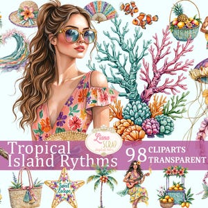 Tropical Island Rythms 98 clipartset - aquarel strandafbeeldingen, png voor digitale planners, stickers, scrapbooking, zomerontwerpen