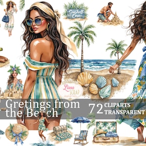 Gretings from the Beach 72 Clipart Set Transparente PNG Sommer Strand Designs Digitale Planer Aufkleber Aquarell Illustrationen Küsten