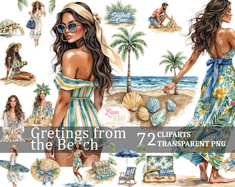 Beach Clipart Set: Watercolor Summer Designs (72 PNG)