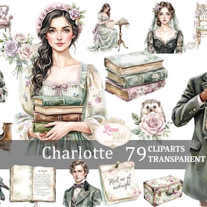 Charlotte 79 Digital Clipart Set Victorien PNG, Illustration livresque, personnages vintage et décoration, autocollants pour agenda, livres et romance